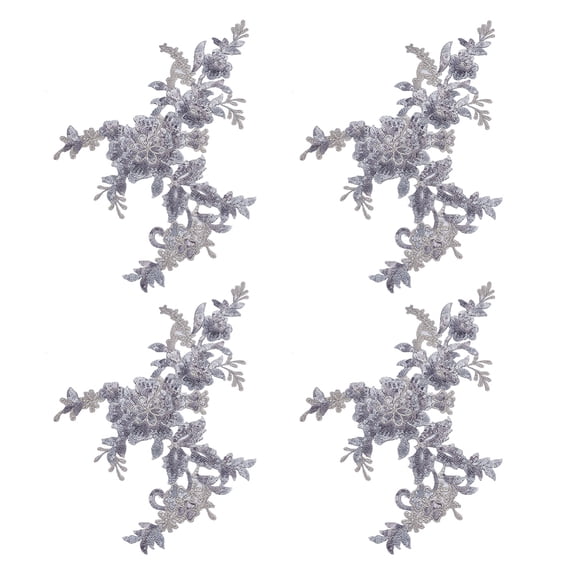 4Pcs Embroidery Sequin Lace Applique Gray Flower Appliques Sewing Floral Fabric Patch Decorative Repair Patch for Wedding Dress Gown Bodice Costume