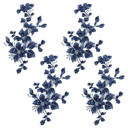 4Pcs Embroidery Sequin Lace Appliques Blue Leaf Flowers Patches Polyester Decorative Floral Appliques Dress Gown Sewing Decorations DIY