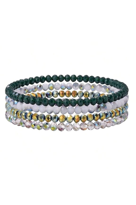 4Pcs Emerald Green And Iridescent Faceted Beaded Stretch Bracelet Set For Women Fashion Jewelry