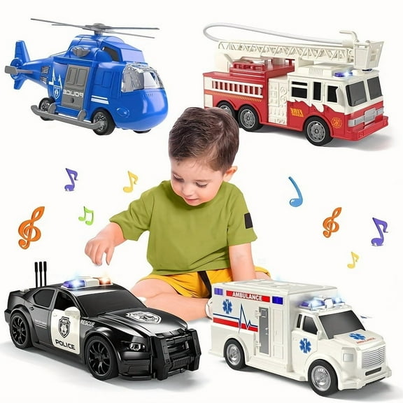 4PCS Car Vehicle Toys Set for Kids- Emergency Vehicle Toys with Lights and Siren Sound, Including Fire Truck, Ambulance Toy, Play Police Car, Toy Helicopter, Perfect Christmas Gift for Boys&Girls