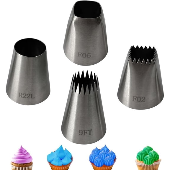 4Pcs Extra Large Piping Tips, Cookie Decorating Tools Cake Decorating Tips Frosting Icing Tips Piping Nozzles Baking Tools for Cupcake Cookie Pastry, F02 F06 9FT R22L,Gifts for Mom Grandma Women