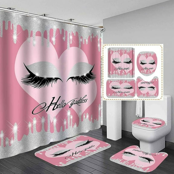 4Pcs Eyelash Shower Curtain Set with Glitter Quotes Pattern Polyester Shower Curtain and Rug Sets Bathroom Decor Set, Waterproof Shower Curtain with 12 Hooks and Toilet Rugs