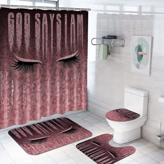 4Pcs Eyelash Shower Curtain Set with Glitter Quotes Pattern Polyester Shower Curtain and Rug Sets Bathroom Decor Set, Waterproof Shower Curtain with 12 Hooks and Toilet Rugs