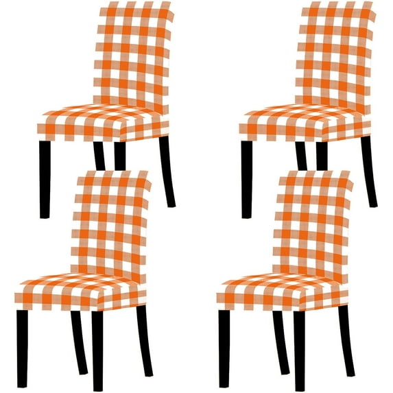 4Pcs Fall Chair Slipcovers Orange White Buffalo Check Dining Chair Covers Protector Removable Stretch Elastic Seat Covers for Thanksgiving Party Kitchen Home Hotel Restaurant Ceremony Decor