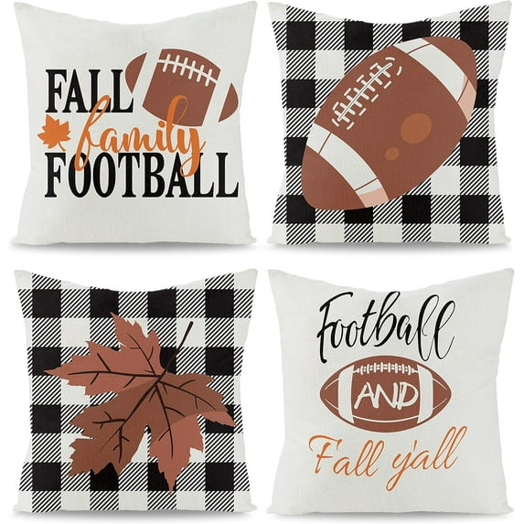 4Pcs Fall Football Throw Pillow Covers Y’all Family Maple Leaves Buffalo Check Pillowcase Autumn Linen Cushion Cases Thanksgiving Farmhouse Party Decorations for Sofa Couch Bed Car 18 x 18 Inch