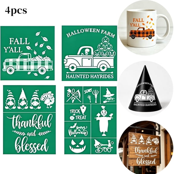 4Pcs Fall Halloween Thanksgiving Silk Screen Stencils, Reusable Self-Adhesive Holiday Mesh Transfers for Wood, Tee, Mug, Window Autumn Diy Decor
