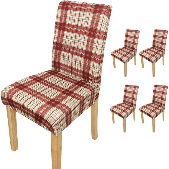 4Pcs Fall Plaid Chair Covers Set - Stretch Elastic Edge, Removable Red Chair Protectors, Suitable for Dining Room/Kitchen Chairs