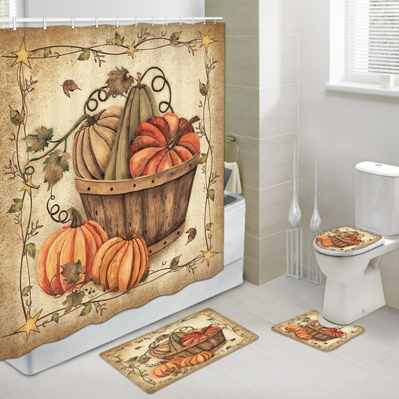 4Pcs Fall Pumpkin Shower Curtain Sets, Bathroom Sets with Shower Curtain and Rugs,Bathroom Decor Rug Toilet Lid Cover and Non-Slip U Shape Mat, Waterproof Shower Curtain with 12 Hooks, 72"x72"