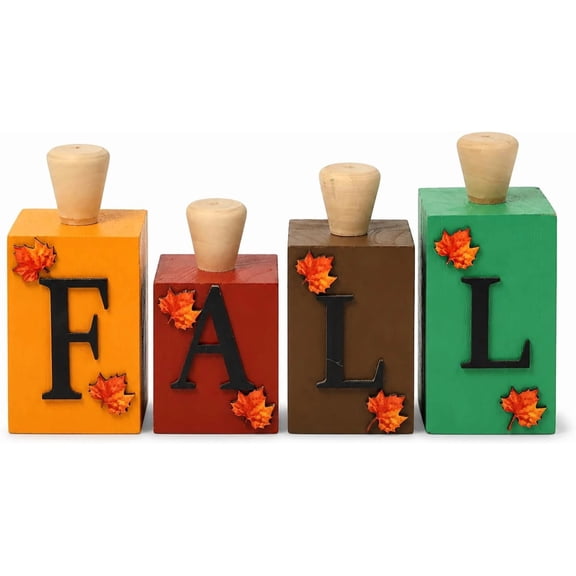 4Pcs Fall Wooden Letter Block Decor, Rustic Farmhouse Tabletop Wood Sign Ornament for Tiered Tray Mantel Shelf Autumn Thanksgiving Indoor Home Decoration