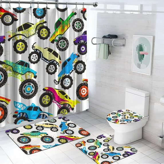 4Pcs Family Glitter Diamond Shower Curtain Sets Bathroom Decor, Black Famliy with Toilet Lid Cover and Rugs, Silver Luxury Bling Shiny Curtains for Home Bath Laundry Restroom Decoration