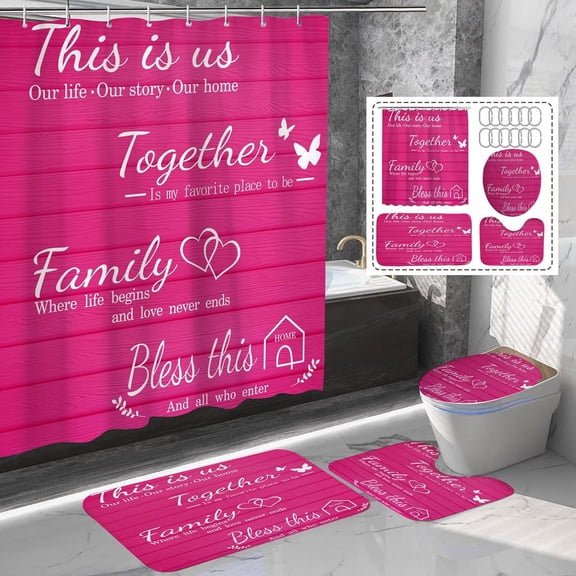 4Pcs Family Shower Curtain Sets with Non-Slip Rugs, Toilet Lid Cover and Bath Mat, Pink Home Bathroom Decor Set Accessories Waterproof Shower Curtains with 12 Hooks
