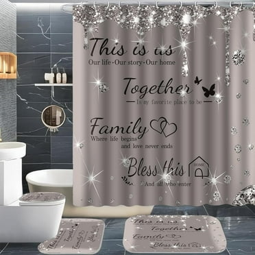 4Pcs Family Shower Curtain Sets with Non-Slip Rugs, Toilet Lid Cover and Bath Mat,Grey Glitter Diamond Home Bathroom Decor Set Accessories Waterproof Shower Curtains with 12 Hooks, 72 x 72 Inch