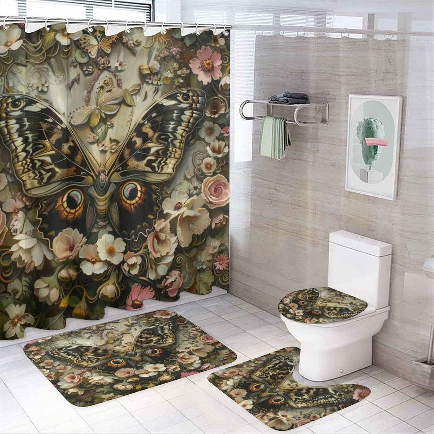4Pcs Fantasy Butterfly Shower Curtain, Rustic Floral Insect Garden Shower Curtain Sets with ...