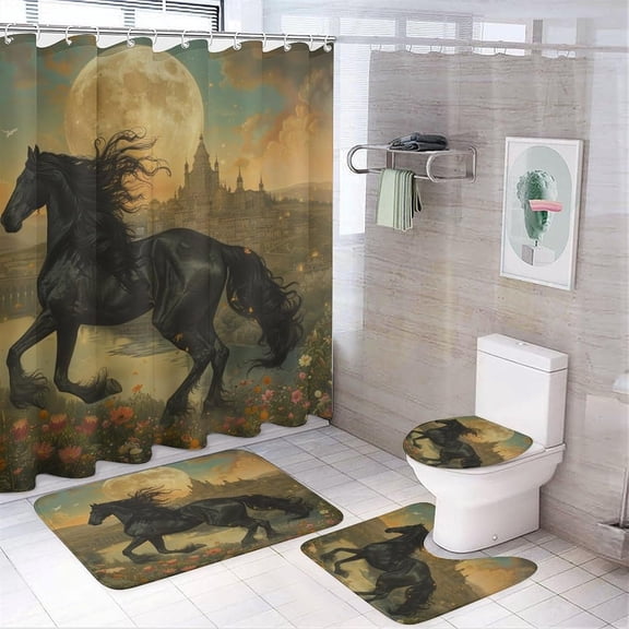 4Pcs Fantasy Floral Horse Moon Shower Curtain Set with Toilet Lid Cover Non-Slip Rugs for Bathroom, Rustic Garden Castle Forest Animal Shower Curtain Bathroom Sets with Hooks, 72x72 Inch