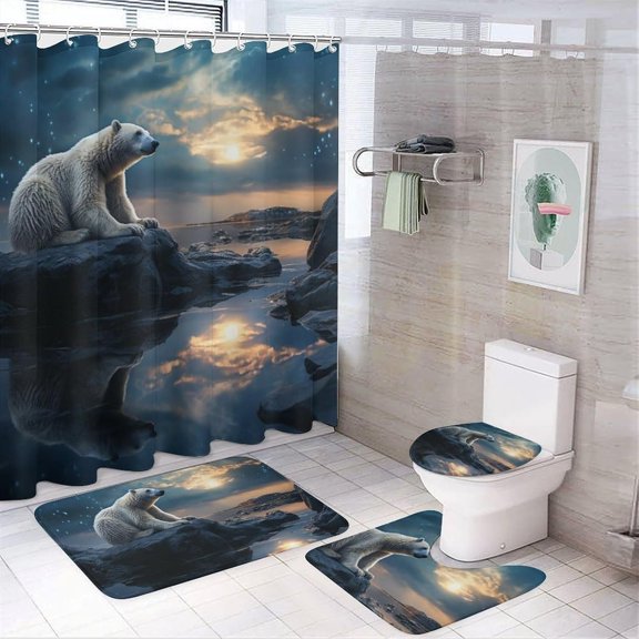 4Pcs Fantasy Polar Bear Colorful Sky Cloud Star Snow Mountain Lake Shower Curtain Set with Rugs, Toilet Lid Cover and Bath Mat, Bathroom Curtains Decor Shower Curtains, 72" x 72"