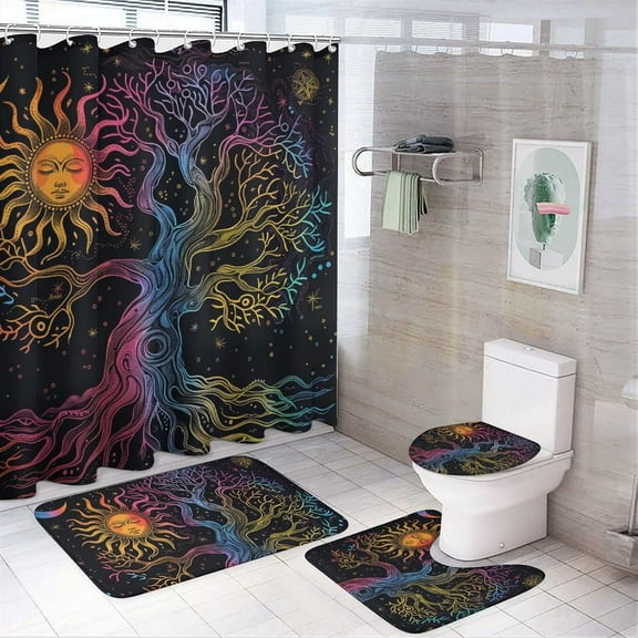 4Pcs Fantasy Theme Shower Curtain Set with Rugs, Toilet Lid Cover and Bath Mat, Boho Star Sun Tree of Life Bathroom Curtains Decor Shower Curtains, 72" x 72"