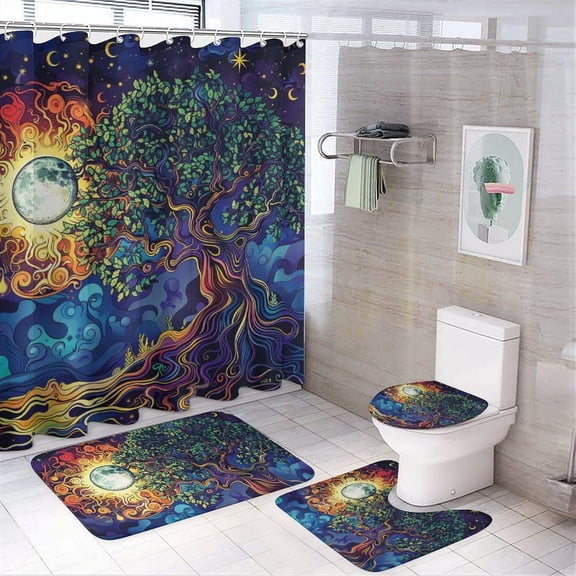 4Pcs Fantasy Theme Shower Curtain Set with Rugs, Toilet Lid Cover and Bath Mat, Boho Star Sun Tree of Life Bathroom Curtains Decor Shower Curtains, 72" x 72"