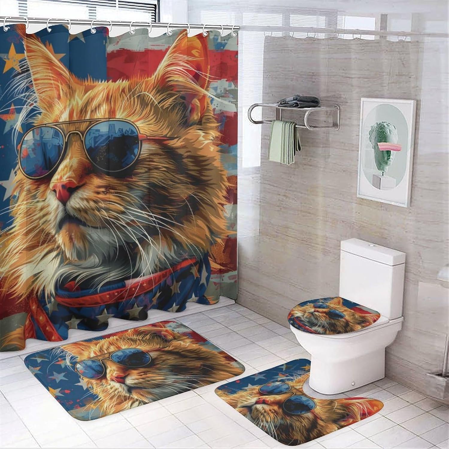 4Pcs Farmhouse Cat Shower Curtain Set, American Flag Vintage Kitten