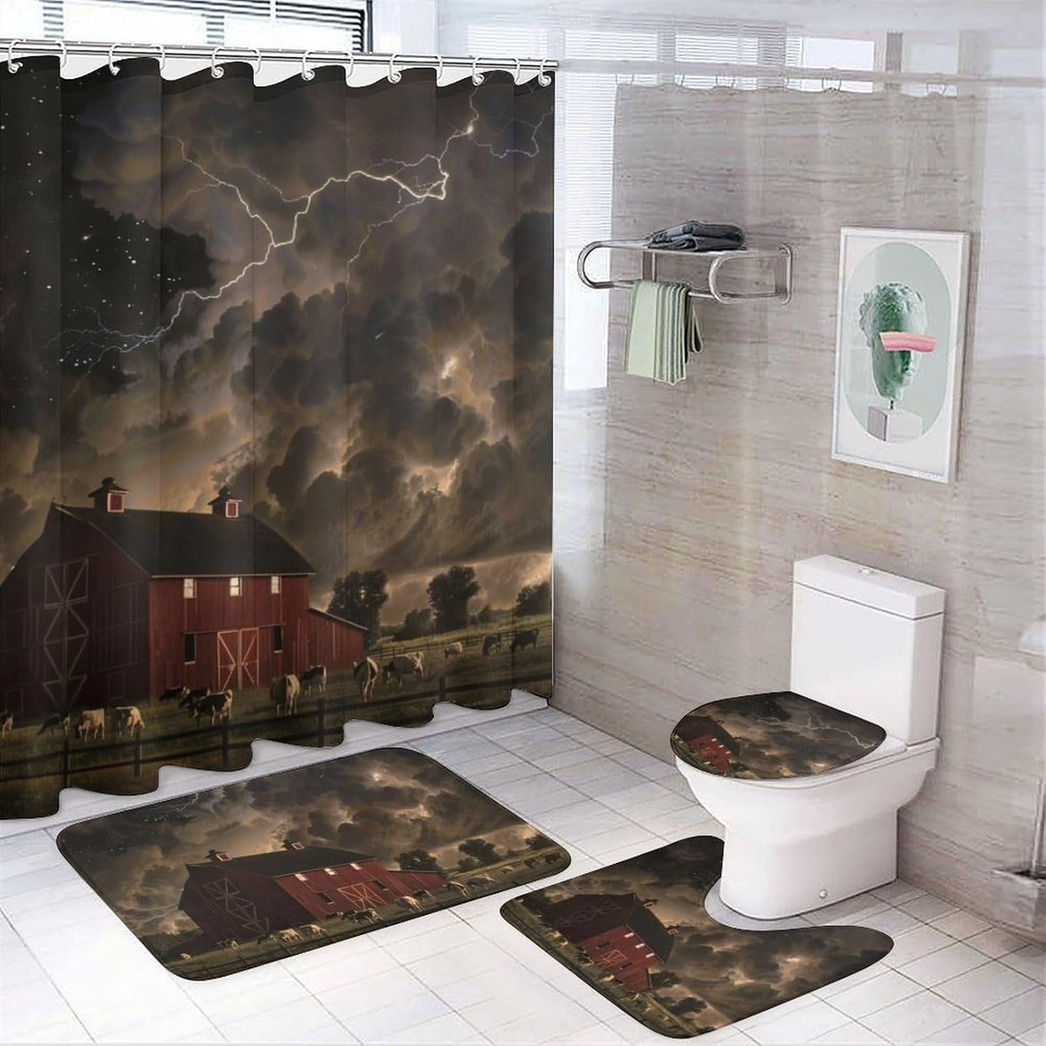 4Pcs Farmhouse Nature Field Shower Curtain Sets with Rugs, Toilet Lid ...