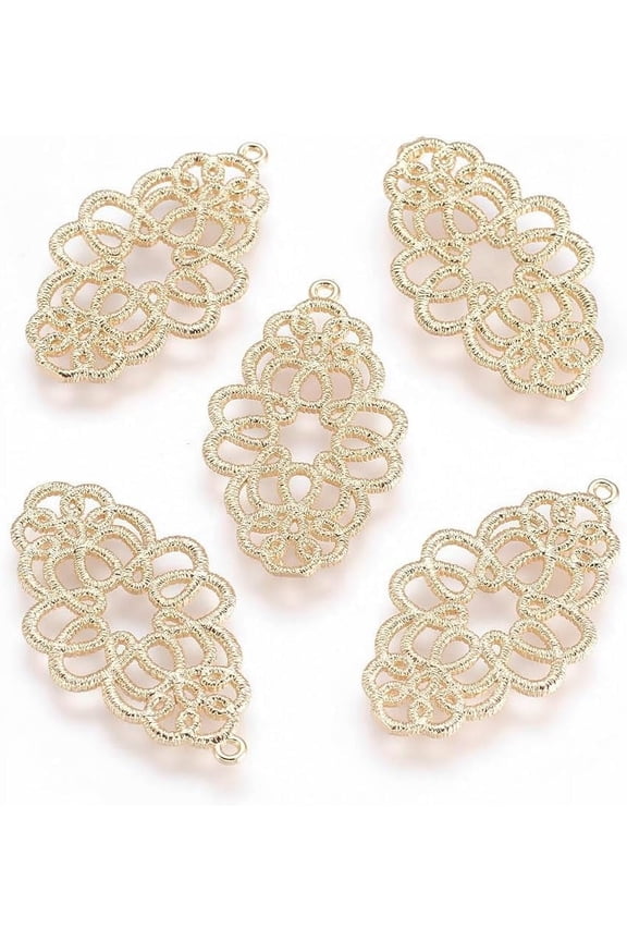 4Pcs Filigree Findings Hollow Flower Pendants Real 18K Gold Plated Brass Pendants Laser Cut Flower Charms 32.5x18x1mm Metal Jewelry Connectors with 1.2mm Hole Perfect for Crafting and Accessories