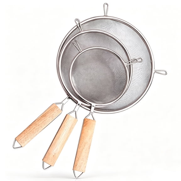 4Pcs Fine Mesh Strainer with Wooden Handles, Sieve Mesh Extra Fine Stainless Steel Strainers, 4.7" 5.5" 6.3" Metal Strainers and Sifters for Rice, Pasta, Quinoa, Tea, Cocktail