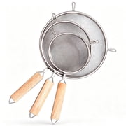 3Pcs Fine Mesh Strainer with Wooden Handles, Sieve Mesh Extra Fine Stainless Steel Strainers, 4.7" 5.5" 6.3" Metal Strainers and Sifters for Rice, Pasta, Quinoa, Tea, Cocktail