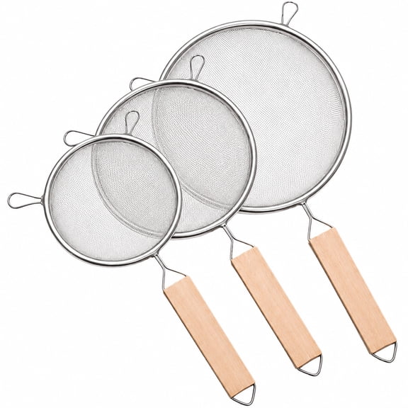 4Pcs Fine Mesh Strainer with Wooden Handles, Sieve Mesh Extra Fine Stainless Steel Strainers, 4.7" 5.5" 6.3" Metal Strainers and Sifters for Rice, Pasta, Quinoa, Tea, Cocktail