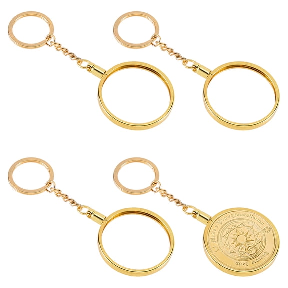 4Pcs Flat Round Zinc Alloy Coin Holder Keychains with Brass & Iron Blank Coin Bezel Rings Golden 121mm