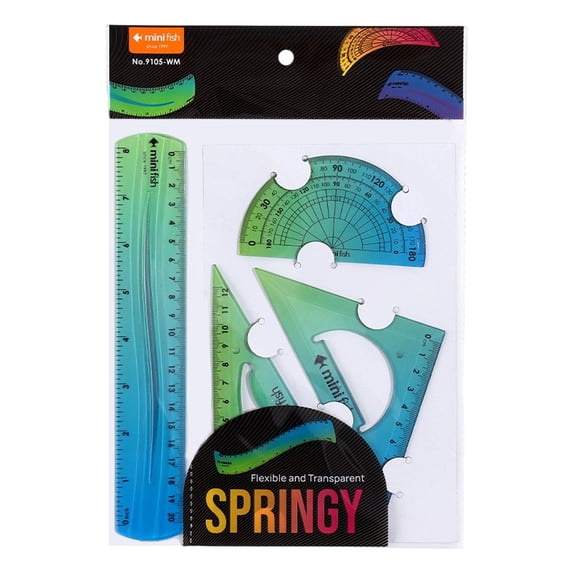 4Pcs Flexible Ruler Set, Soft PVC Bendable Ruler with Straight Ruler, 2 Triangle Rulers & Protractor for Homework Measuring, Geometry Math & Drafting Tasks, Gradient Color, Yulin Green 20cm