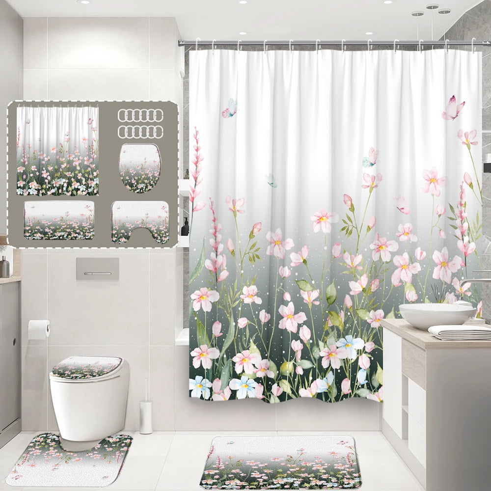 4Pcs Floral Butterfly Shower Curtain Watercolor Farm Plant Leaf Rustic