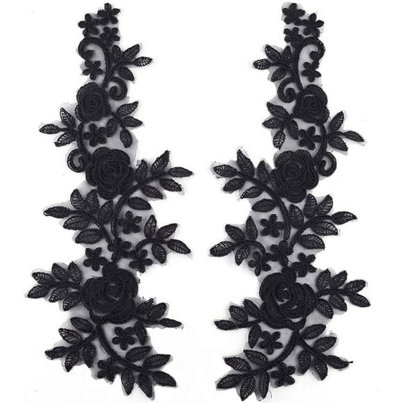 4Pcs Floral Lace Applique Black Flower Embroidered Sew on Patches Rose Leaves Collar Fabric Applique for DIY Sewing Crafts Dress Clothing Backpacks Embellishments 36x14.5cm