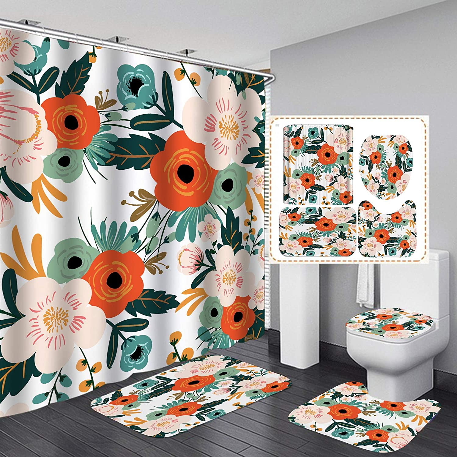 4Pcs Floral Shower Curtain Sets Colorful Flowers Bathroom Decor Set