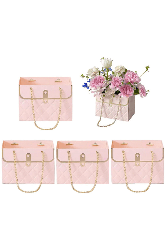 4Pcs Flower Box Paper Bouquet Storage Bucket, 5.9×3.9×4.1" Florist Flower Hand bag with Metal Chain Waterproof for Gifts Wrapping Supplies Bulk Mother's Day Valentine's Day Women's Day (Pink)
