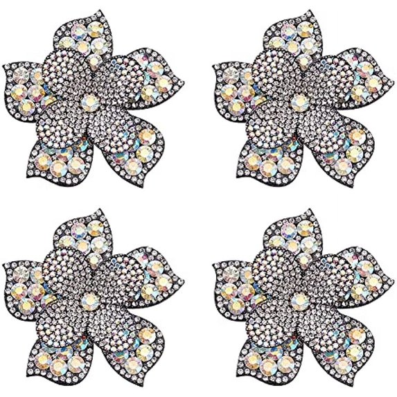 4Pcs Flower Crystal Rhinestone Appliques 2.6x2.6x0.4inch Sew on Patches AB Color Rhinestone Appliques for Sewing Shining Exquisite Patches for Jeans Jackets Clothing Bag Shoes