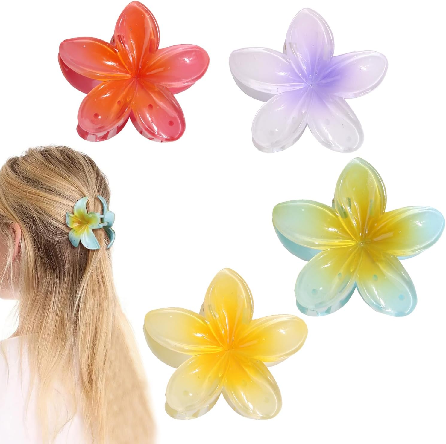 4Pcs Flower Hair Clip, Hawaiian Plumeria Flower Hair Claw Clips, Medium