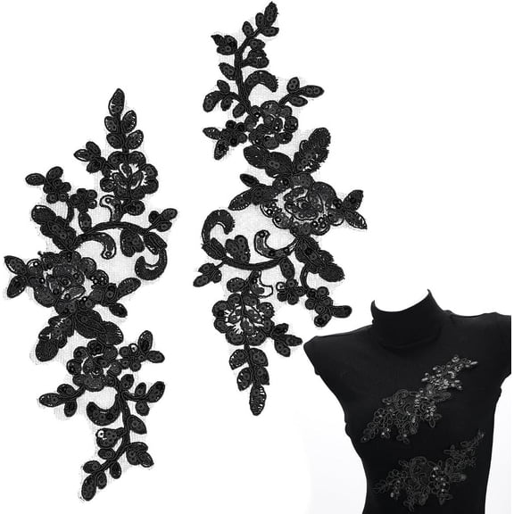 4Pcs Flower Lace Appliques Black Embroidery Flowers Sequin Patches Polyester Decorative Floral Appliques Dress Gown Sewing Decorations