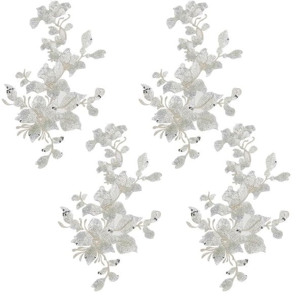 4Pcs Flower Lace Appliques Silver Embroidery Flowers Sequin Patches Polyester Decorative Floral Appliques Dress Gown Sewing Decorations for Fabric DIY Crafting 11.61x6.3x0.04 inch