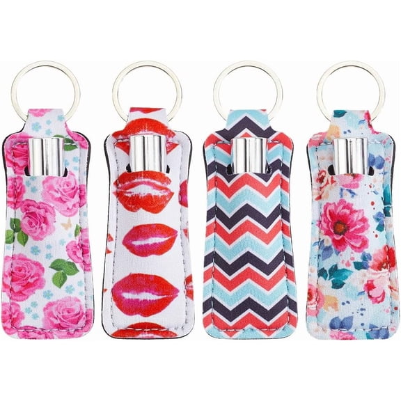 4Pcs Flower Lip Balm Holder Chapstick Pouch Keychain Bulk Colorful Floral Rectangle Neoprene Printed Rubber Lip Gloss Clip Lipstick Sleeve Case Holders for Women Travel Makeup Storage Bag Mixed Color