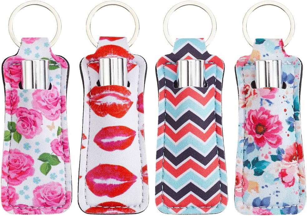 4Pcs Flower Lip Balm Holder Chapstick Pouch Keychain Bulk Colorful