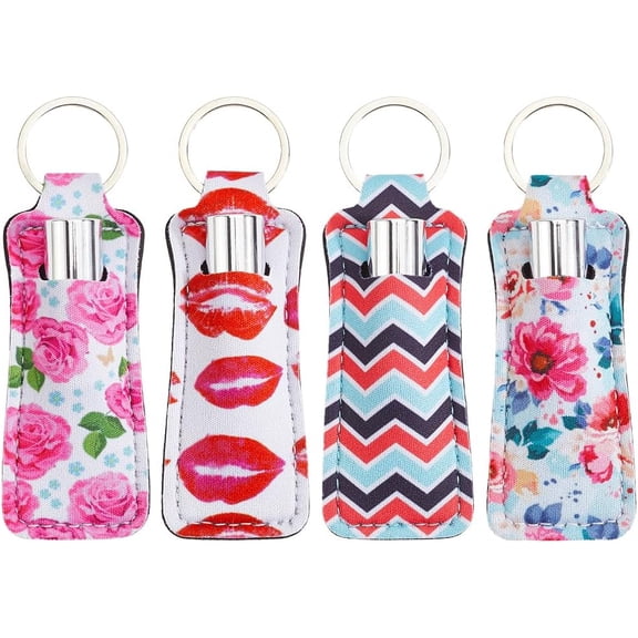 4Pcs Flower Lip Balm Holder Chapstick Pouch Keychain Bulk Colorful Floral Rectangle Neoprene Printed Rubber Lip Gloss Clip Lipstick Sleeve Case Holders for Women Travel Makeup Storage Bag colorful