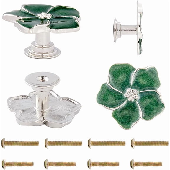 4Pcs Flower Shape Drawer Knobs Floral Drawer Pulls Green Flower Drawer Pull Handle with Carbon Steel Screws Cabinet Dresser Door Pulls for Kitchen Furniture Cabinet Wardrobe Decorate Handle