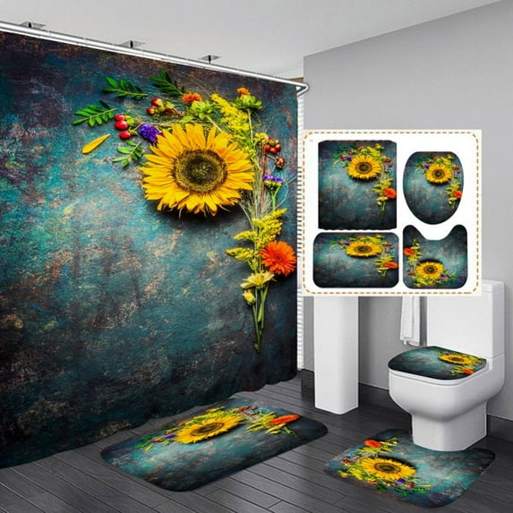 4Pcs Flower Shower Curtain Set with Non-Slip Rugs, Toilet Lid Cover and Bath Mat, Colorful Floral Shower Curtain with 12 Hooks, Waterproof Watercolor Boho Bath Curtain for Bathroom Decor