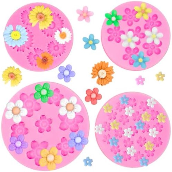 4Pcs Flower Silicone Candy Mold, Mini Fondant Chocolate Silicone Molds for Cake Decorating, Small Polymer Clay Molds for Baking Soap Ice Cube Wax Melt