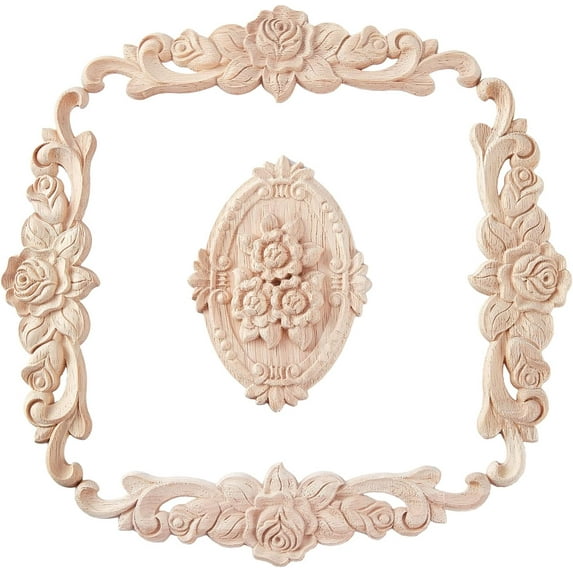 4Pcs Flower Wood Carved Onlay Appliquewith 1Pc Oval Center Flower Long Applique Craft Unpainted Furniture Home Decor for Front Door Cabinet Decoration