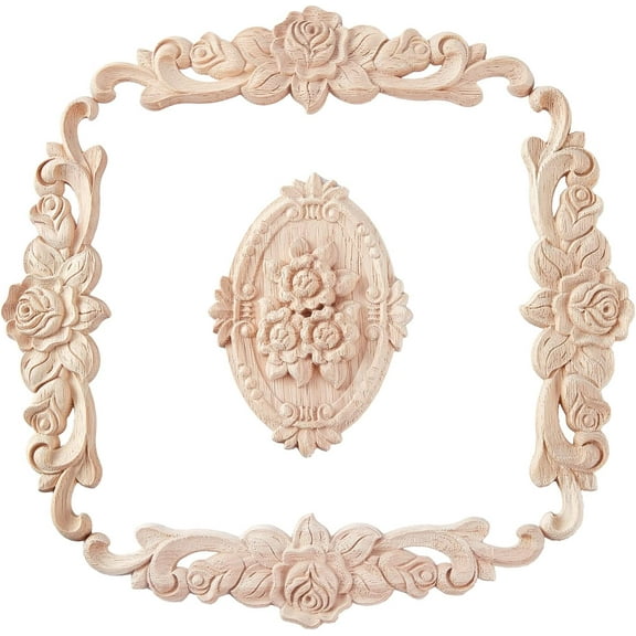 4Pcs Flower Wood Carved Onlay Appliquewith 1Pc Oval Center Flower Long Applique Craft Unpainted Furniture Home Decor for Front Door Cabinet Decoration