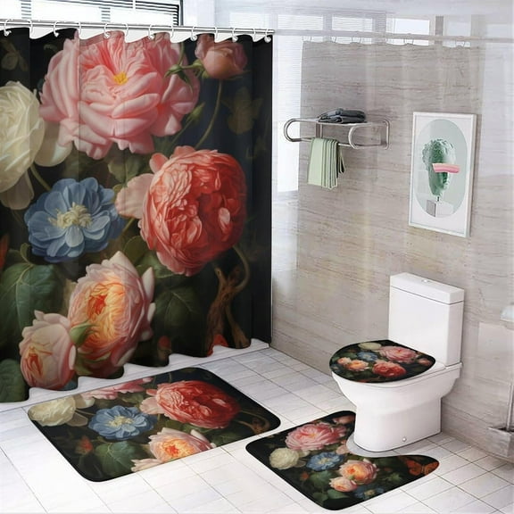4Pcs Flowers and Books Waterproof Shower Curtain Sets for Bathroom,Retro Classical Yellow Plant Bathroom Decor Set with Shower Curtain and Rugs and Accessories