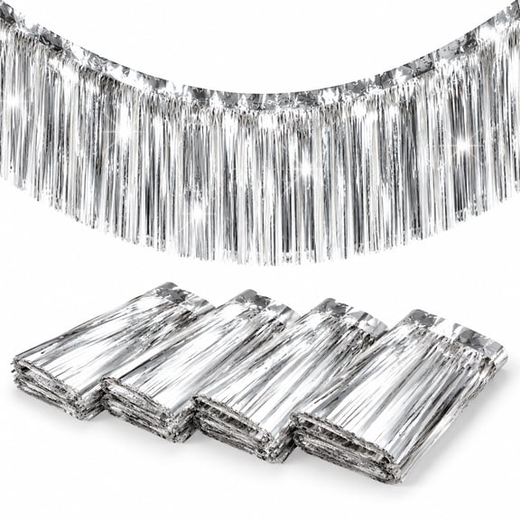 4Pcs Foil Fringe Garland, Fringe Garland, Metallic Foil Tinsel, Glitter Silver Parade Float Decorations, Wall Hanging Fringe Banner for Wedding, Christmas,Birthday Party Halloween Decor, 10ft
