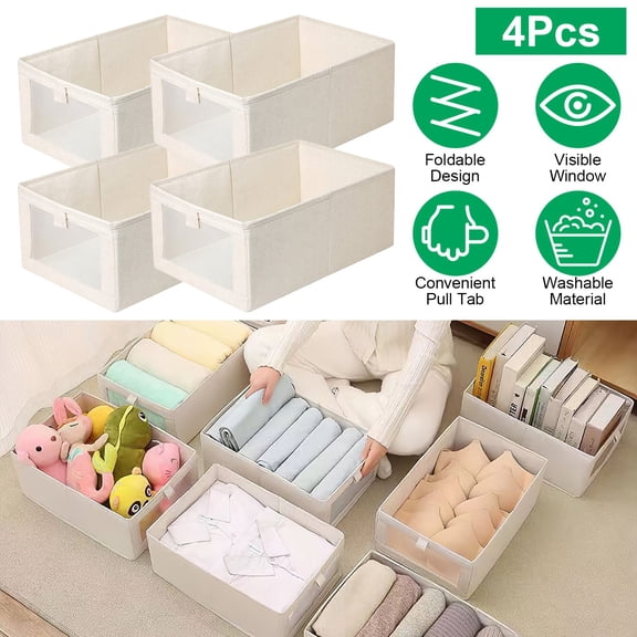 4Pcs Foldable Linen Clothing Storage Basket Multipurpose Collapsible Storage Cube w/ Visible Clear Window