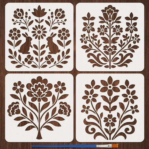 4Pcs Folk Brocade Patterns Painting Stencil with Brush 30x30cm/11.8x11.8inch Reusable Folk Art Templates Painting on Wood/Walls/Fabric Ideal