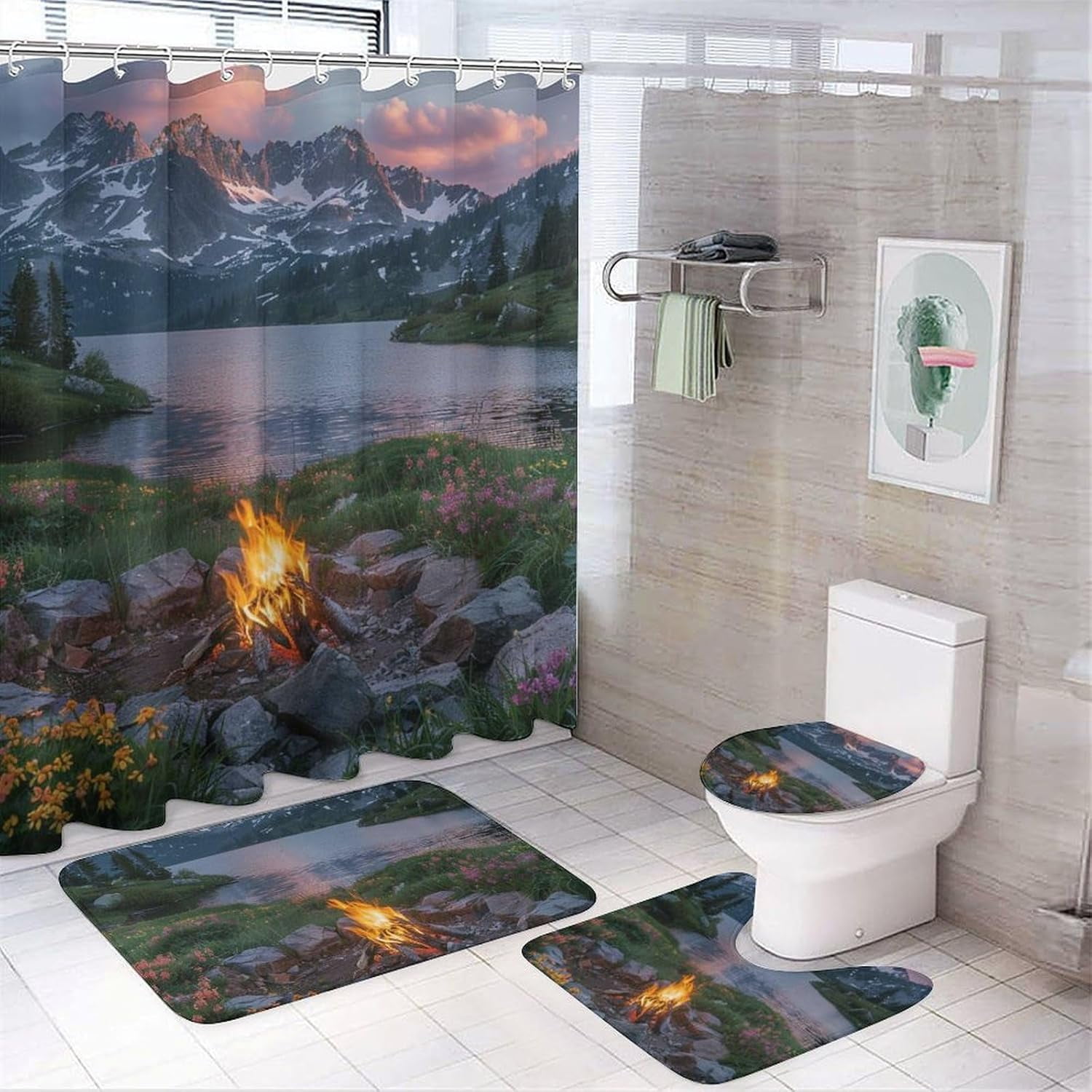 4Pcs Forest Lake Campfire Shower Curtain Set, Nature Floral Mountain